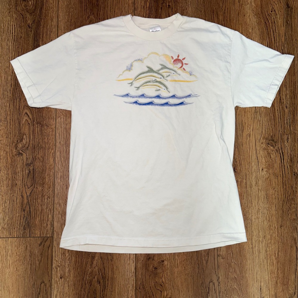 90s Murina Dolphin Sun Graphic T Shirt Womens L Made in USA Textured white VTG